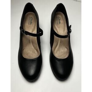 Clarks Black Leather Pump Womens Sz 6 Block Heal Comfort Footbed MaryJayne Style